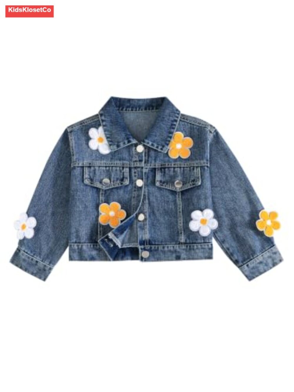 Girls Cropped Denim Jacket with 3D Flower Appliques, Cotton, Button Front,